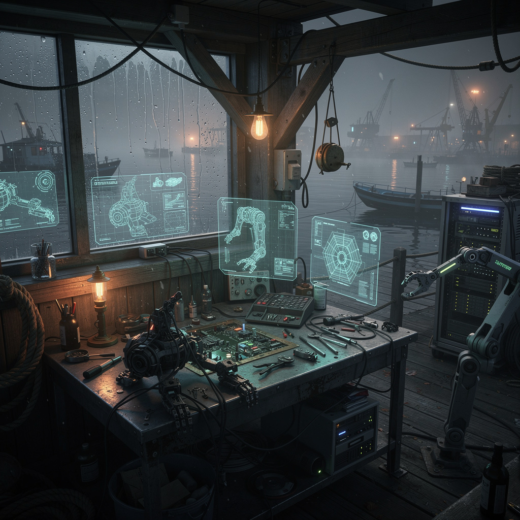 An AI workshop on a dock at dusk — LucidDreamer's hero art